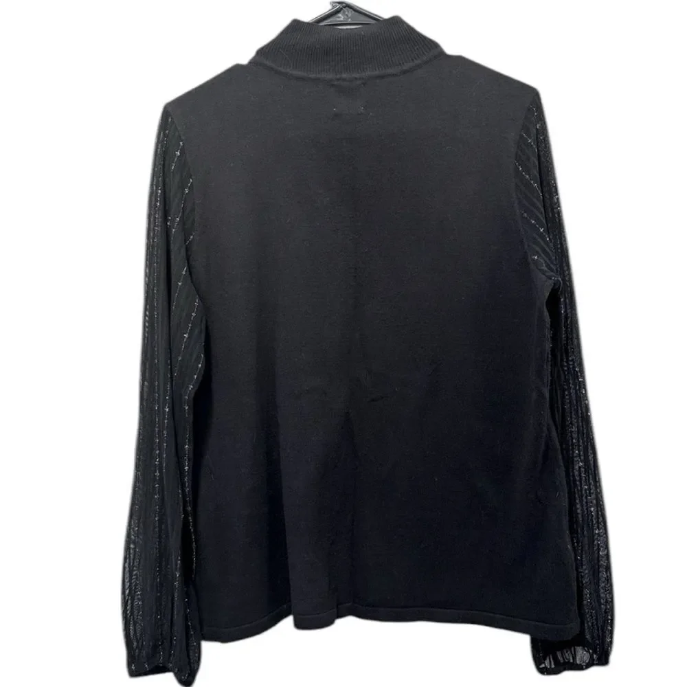 ANNE KLEIN Mock High Neck Mesh Metallic Sheer Sleeves Black Viscose Sweater M - Picture 2 of 10